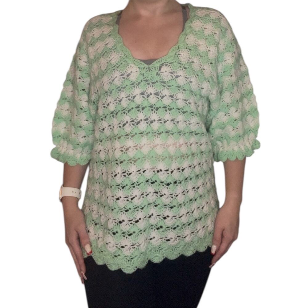 Mint Green Crochet Knit Top Scalloped‎ V Neck Boho Cottagecore Open Weave Medium